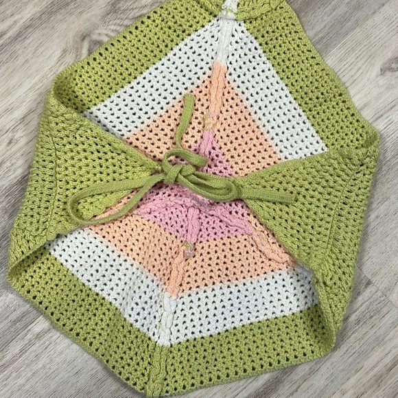 Blue Blush Y2K Fairycore Crochet Halter Tie Top – Green Pink Peach White / Sz S - Picture 3 of 6